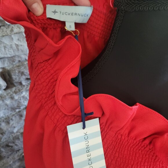 Tuckernuck Marguerite Off The Shoulder Blouse Red Smocked Ruffled Romantic Small - Picture 9 of 12